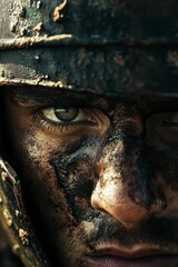 Obraz premium Muddy, intense gaze from a helmeted warrior.