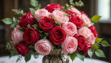 Obraz premium Stunning bouquet of red and pink roses in a vintage vase for Women's Day celebration 