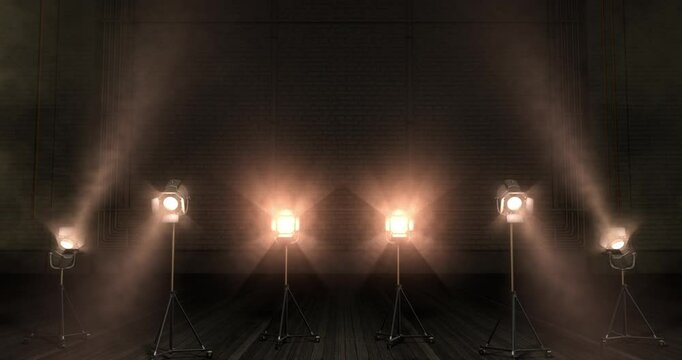 Vintage par lights fading up and down over a stage wall background. Looping animation. 3D render.