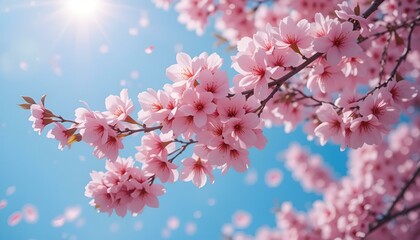 Obraz premium Cherry blossoms blooming beautifully under sunlight against a clear blue sky