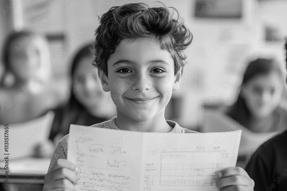Poster boy holds up math homework with pride during class in a lively educational setting