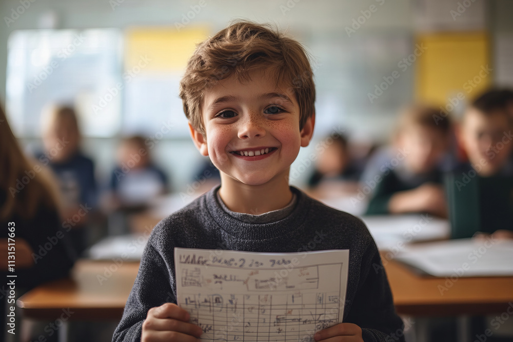 Poster boy displays math homework with joy in busy classroom filled with students at school during afternoo