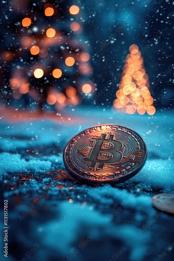 Poster Bitcoin standing on snow with christmas trees bokeh lights in background during snowfall