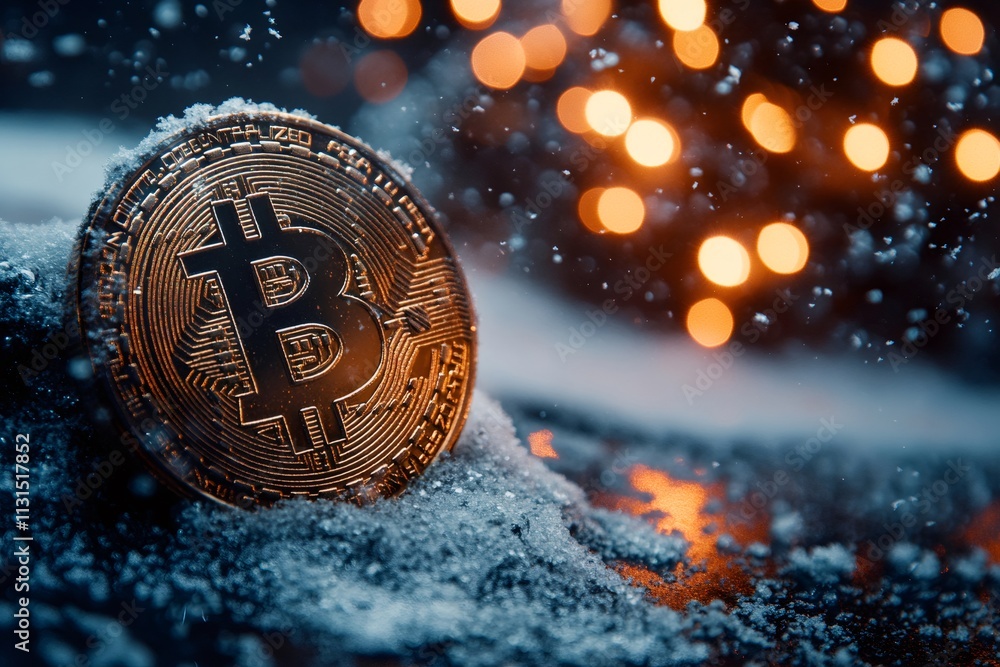 Poster Bitcoin cryptocurrency coin covered in snow with falling snowflakes and bokeh lights