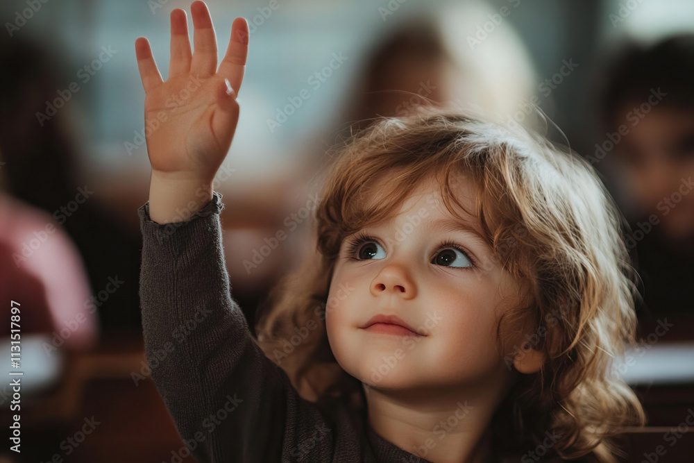 Poster child enthusiastically raising hand in classroom during learning session with peers