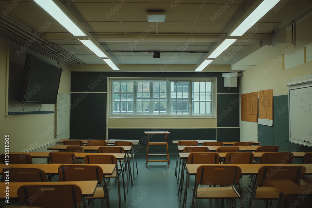 Poster classroom setting with empty desks preparing for public speaking lessons in a modern learning enviro