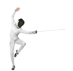 Fencer with epee practicing on white background