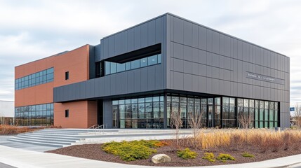 Obraz premium Modern office building facade with reflective glass and gray cladding under daylight showcasing minimalist architecture and welcoming space