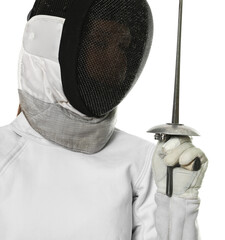 Fencer with epee on white background. Combat sport