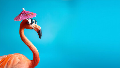 This flamboyant flamingo poses confidently with vibrant feathers, oversized sunglasses, and a tiny umbrella, all against a bright aqua backdrop, radiating charm and humor