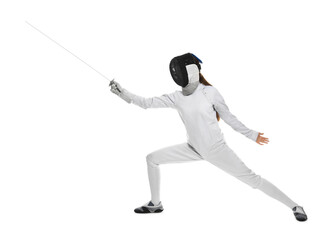 Fencer with epee practicing on white background