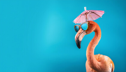 A flamingo stands tall, flaunting oversized sunglasses and a playful umbrella. Its sassy demeanor contrasts beautifully with the bright aqua backdrop, capturing a fun, lively vibe