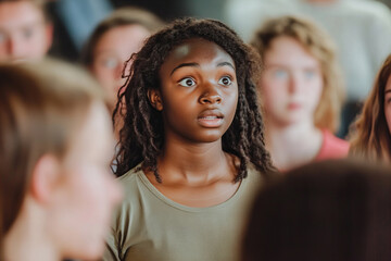 Fototapeta premium Students engage in dramatic expression during an intense rehearsal session in the drama studio