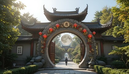 Fototapeta premium Serene view of Moon Temple entrance surrounded by lush gardens and traditional architecture