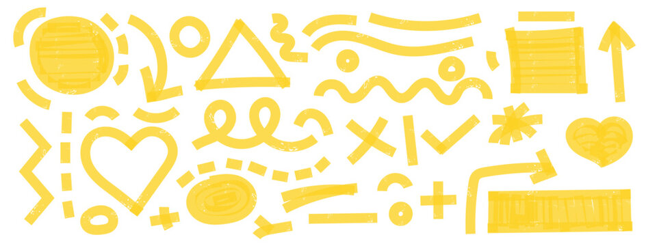 Yellow highlight marker vector set with strokes, lines and doodles. Sketchy style checks, emphasis notes, and arrows.