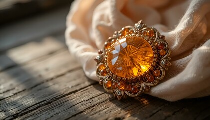 Vintage amber brooch beautifully displayed on textured fabric with natural light