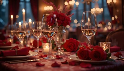 Romantic dinner setting with elegant table decor, wine glasses, and red roses under soft candlelight