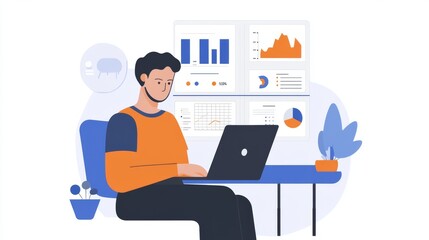 Fototapeta premium A businessman uses a laptop to access an AI-powered business analytics dashboard, showcasing charts, metrics, and KPIs. He analyzes performance data to generate. Data analysis concept. 