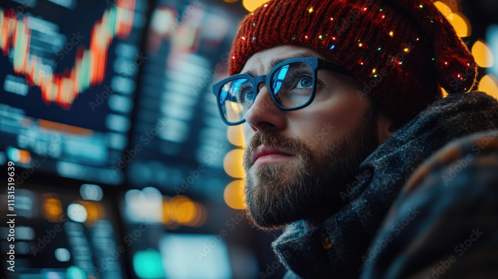 Poster Stock trader analyzing graphs on computer screens late at night during christmas holidays