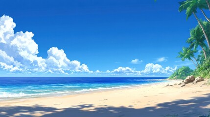 Idyllic tropical beach scene with palm trees, clear sky, and calm ocean.