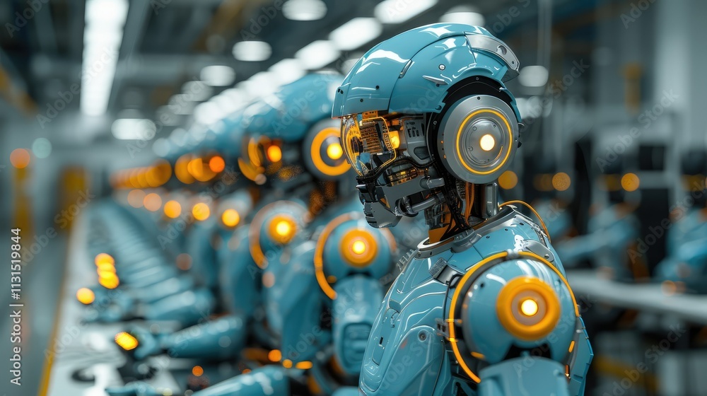 Poster futuristic robots in a factory assembly line. rows of advanced robotic figures in a modern manufactu