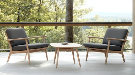 Two Modern Wooden Armchairs with Small Table Outdoors