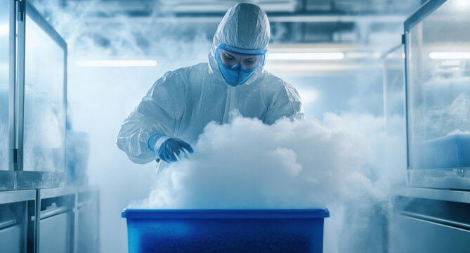 A researcher in a protective suit carefully handles a container filled with liquid nitrogen, creating vapor in a dimly lit laboratory. The atmosphere is filled with mist and suspense.
