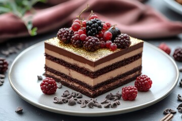 Delicious chocolate cake garnished with gold and fresh berries