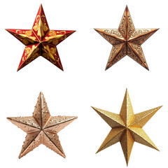 Obraz premium Set of Christmas stars on white background, golden realistic star with glitter, star without background PNG