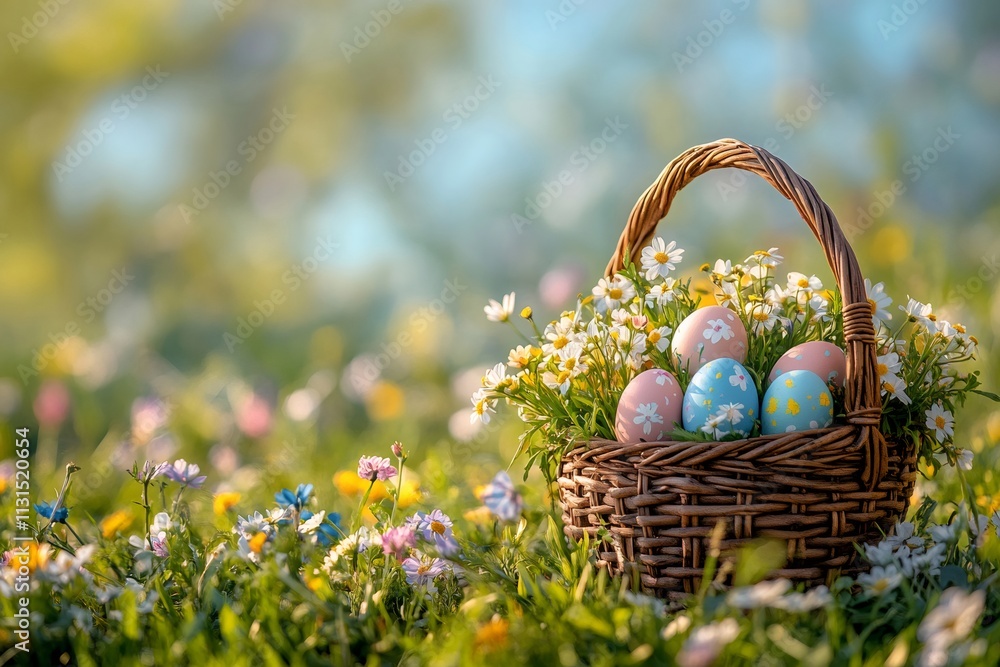 Poster Easter eggs and daisies in a basket resting on grass in a field of wildflowers