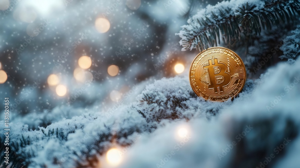 Poster golden bitcoin resting on snowy pine tree branch with christmas lights glowing