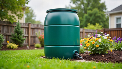 Rain barrel in backyard garden with colorful flowers
