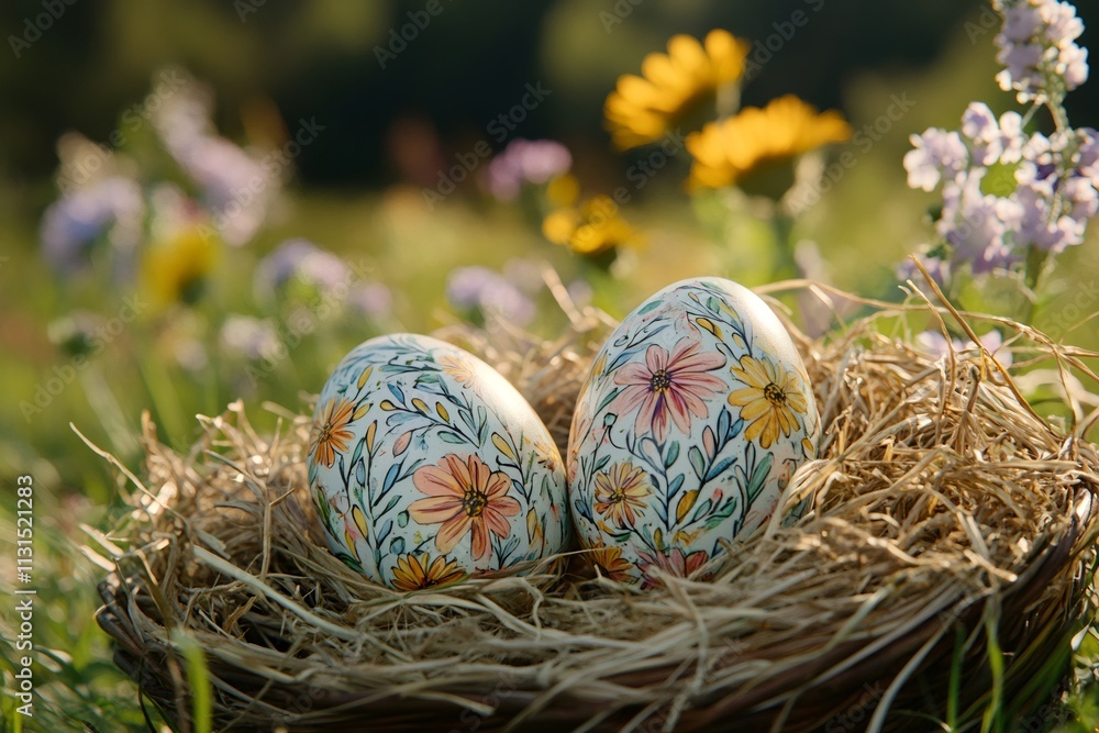 Wall mural Two hand painted easter eggs resting in a nest surrounded by wildflowers