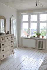 Fototapeta premium Bright White Bedroom With Large Window and Dresser