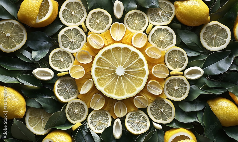 Poster lemon slices and whole lemons arranged in a leaf pattern