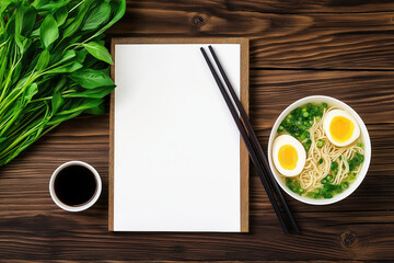 Asian restaurant menu mockup. Asian restaurant or cafe advertisement concept. Top view, flat lay, white paper template on dark wooden background in the center. Ramen and greens nearby.
