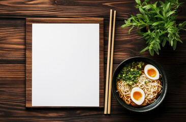 Asian restaurant menu mockup. Asian restaurant or cafe advertisement concept. Top view, flat lay, white paper template on dark wooden background in the center. Ramen and greens nearby.