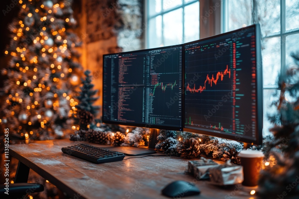 Aufkleber Workplace of financial analyst with two computer monitors showing stock market data during christmas holidays