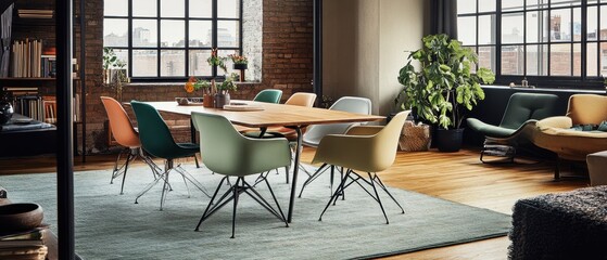 Modern Dining Room With Colorful Chairs And City Views