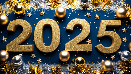 Złote cyfry „2025” otoczone świątecznymi ozdobami, brokatem i gwiazdami na niebieskim tle, idealne na obchody Nowego Roku.