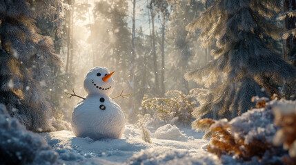 Obraz premium Smiling snowman. Makingsnowman in the forest from the first snow. Snowy winter, coniferous trees covered with snow