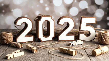 Drewniane cyfry „2025” na rustykalnym stole z świątecznymi dekoracjami, sznurkiem i efektownymi światłami tworzą ciepłą, świąteczną atmosferę.
