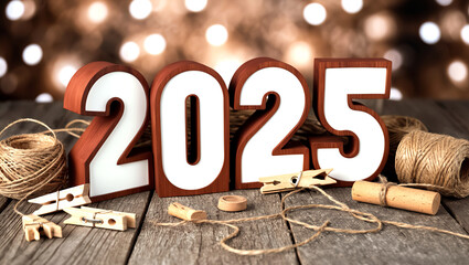 Drewniane cyfry „2025” na rustykalnym stole z świątecznymi dekoracjami, sznurkiem i efektownymi światłami tworzą ciepłą, świąteczną atmosferę.