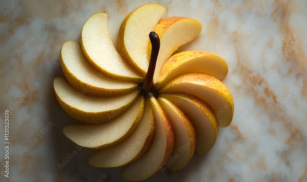Poster sliced pear arranged in a circular pattern on marble