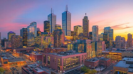 Obraz premium Panoramic view of Toronto skyline at sunset, featuring modern skyscrapers, illuminated buildings, and a vibrant urban landscape.