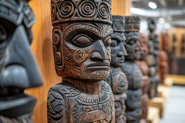 Traditional maori tiki statues representing polynesian culture and art