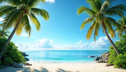 Fototapeta premium Tropical beach with palm trees and clear blue waters under a bright sunny sky