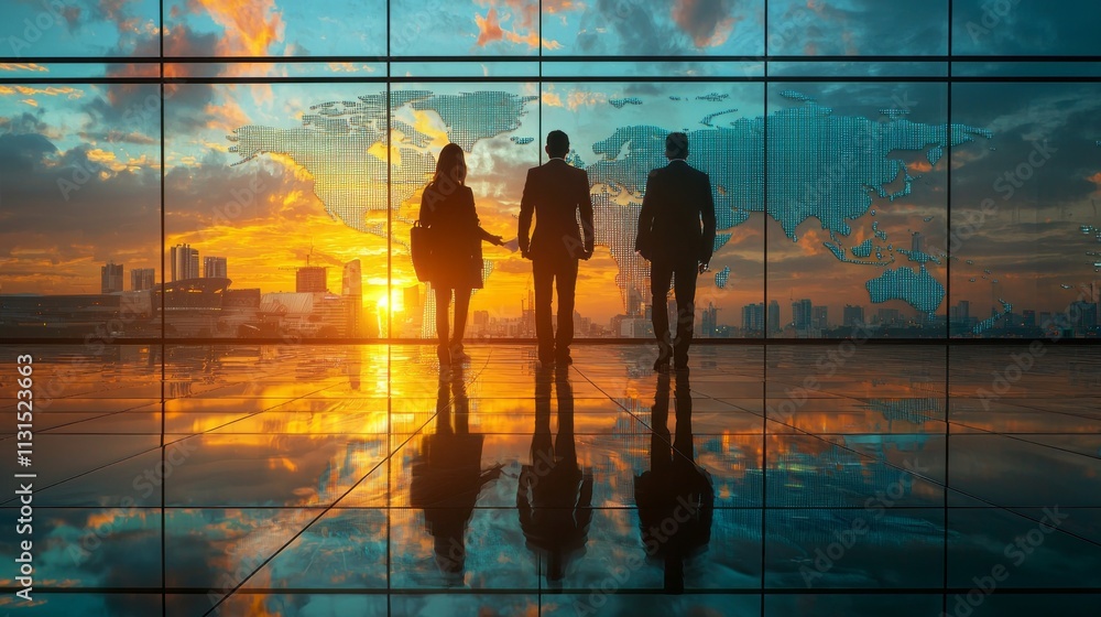 Poster set against a stunning sunset, three business consultants engage in a discussion, preparing to advis