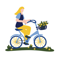 Funny girl riding bicycle with flower bouquet in front basket. Cute happy young woman on bike. Adorable female bicyclist. Flat cartoon colorful vector illustration on white background.
