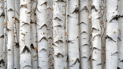 Close-up of white birch tree trunks with textured bark and natural patterns. Nature background concept for design and print